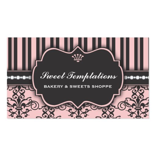 Elegant Pink Damask & Stripe Bakery Business Card (front side)