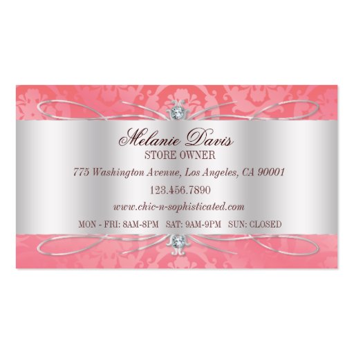 Elegant Pink Damask Swirl Business Card Templates (back side)