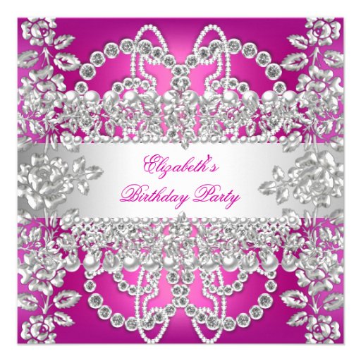 Elegant Pink Diamonds Silver Floral Birthday Party Invitation