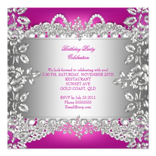 Elegant Pink Diamonds Silver Floral Birthday Party Invitation