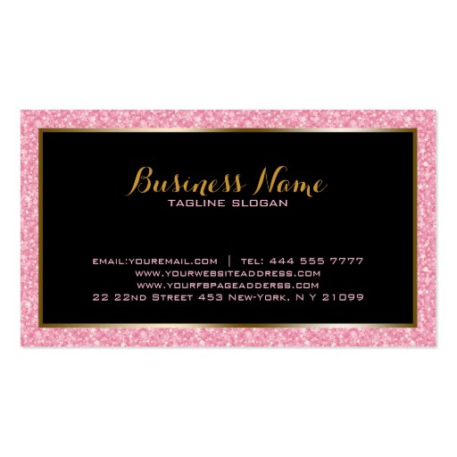 Elegant Pink Glitter Gold & Black Accents Business Card Templates (back side)