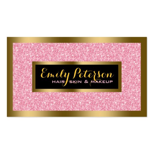 Elegant Pink Glitter Gold & Black Accents Business Card Templates (front side)