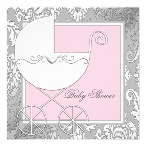 Elegant Pink Gray Damask Baby Shower Invitations