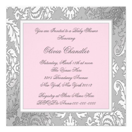 Elegant Pink Gray Damask Baby Shower Invitations