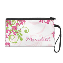 Elegant Pink Green Floral Personalized Wristlet