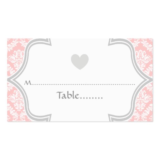 Elegant pink, grey damask wedding place card business card template (back side)