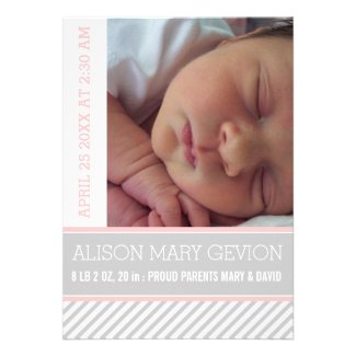 Elegant pink, grey striped baby girl birth custom announcements