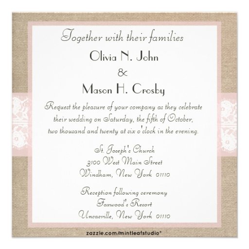 Elegant Pink Lace Burlap Wedding Invitation
