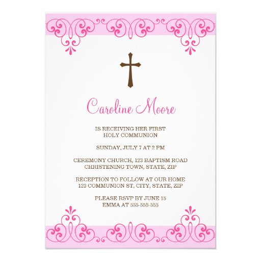 Elegant pink lace damask first communion invite (front side)
