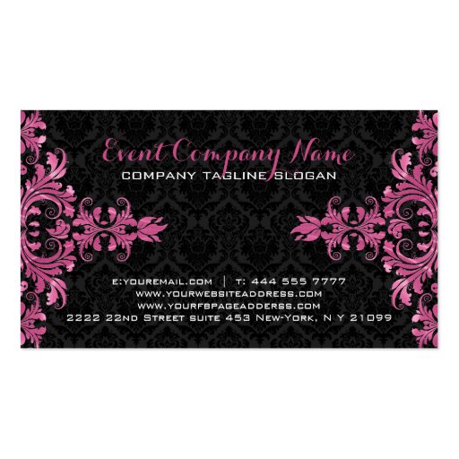 Elegant Pink Metall Lace Black Damasks Business Card (back side)