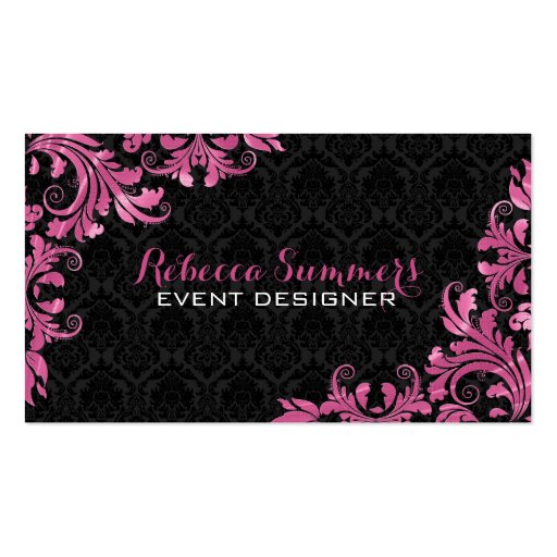 Elegant Pink Metall Lace Black Damasks Business Card (front side)