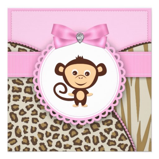 Elegant Pink Monkey Baby Girl Shower Personalized Invite (front side)