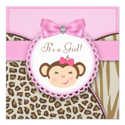 Elegant Pink Monkey Baby Girl Shower Custom Invitation