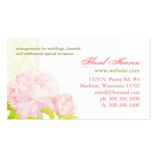 Elegant Pink Peony Florist Monogram Business Cards (back side)