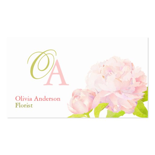 Elegant Pink Peony Florist Monogram Business Cards (front side)