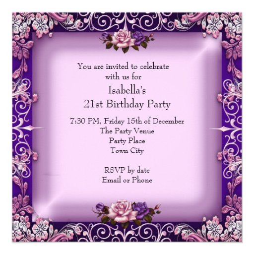Elegant Pink Purple Lilac Rose Birthday Party Custom Announcements