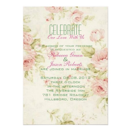 elegant Pink  rose Floral vintage  wedding invite (front side)
