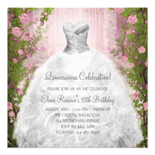 Elegant Pink Roses White Quinceanera Invitations