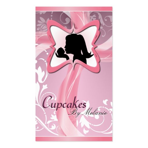 Elegant Pink Silhouette Cupcake Business Card (front side)