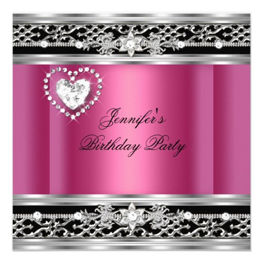 Elegant Pink Silver Black Diamond Birthday Party Custom Invitation