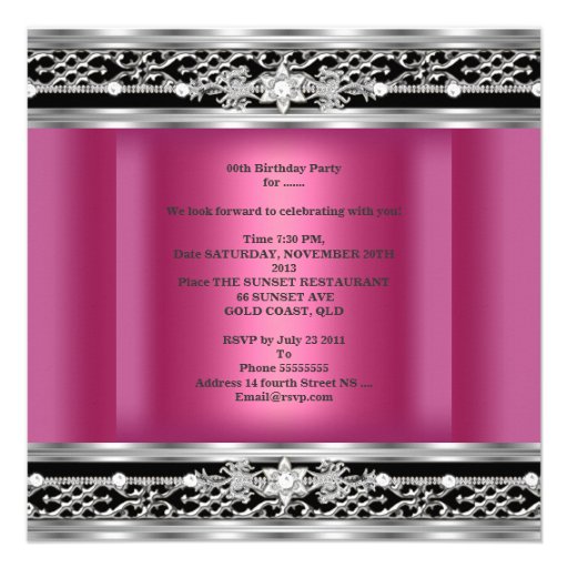 Elegant Pink Silver Black Diamond Birthday Party Custom Invitation