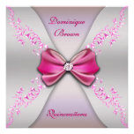 Elegant Pink Silver Diamond Bow Quinceanera Personalized Announcement