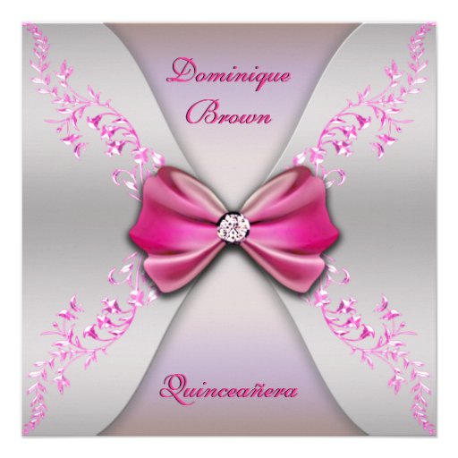 Elegant Pink Silver Diamond Bow Quinceanera Personalized Announcement (front side)
