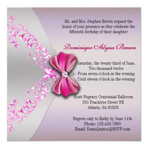 Elegant Pink Silver Diamond Bow Quinceanera Personalized Announcement