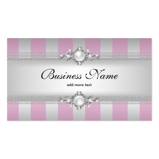 Elegant Pink Silver Grey White Stripe Pearl Chain Business Card (front side)
