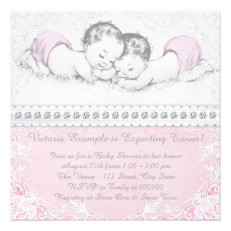 Elegant Pink Twin Girl Baby Shower Personalized Invitations