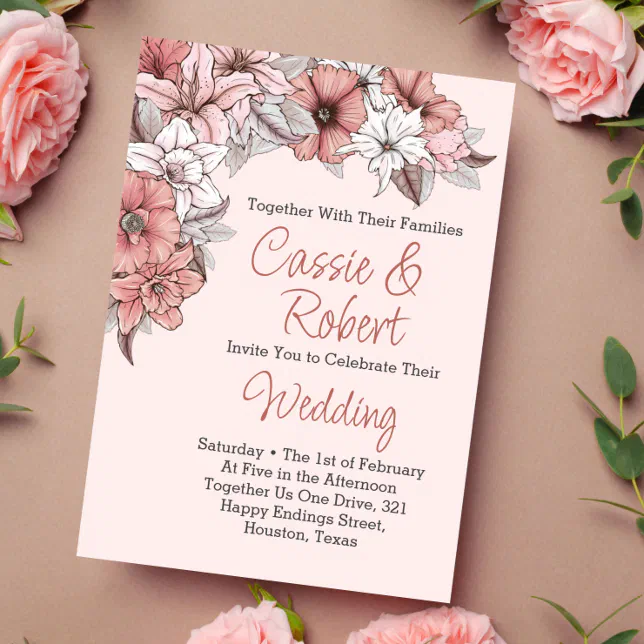 Elegant Pink White Floral Wedding Invitation Zazzle