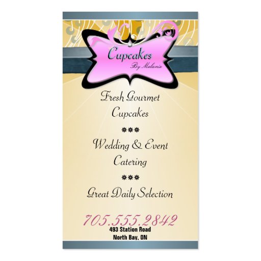 Elegant Pink & Yellow Swirl Cupcake Business Card (back side)