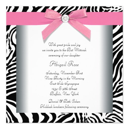 Elegant Pink Zebra Bat Mitzvah Invitation