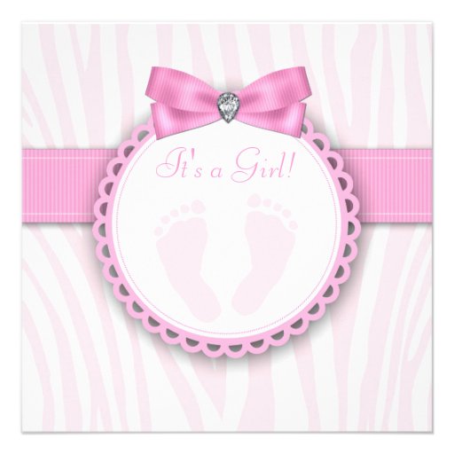 Elegant Pink Zebra Pink Footprint Baby Girl Shower Custom Invitations (front side)