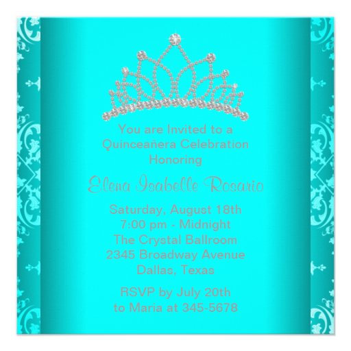 Elegant Princess Tiara Teal Blue Quinceanera Announcements