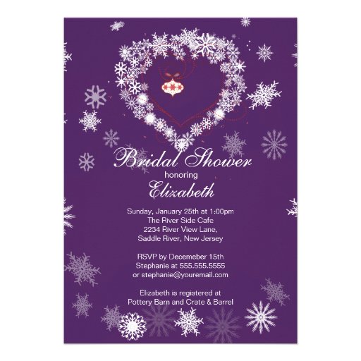 Elegant Purpl Snowflake Heart Winter Bridal Shower Personalized Announcements
