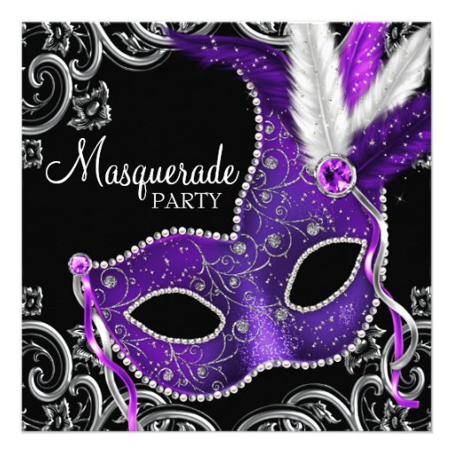 Elegant Purple and Black Masquerade Party Custom Invitations (front side)