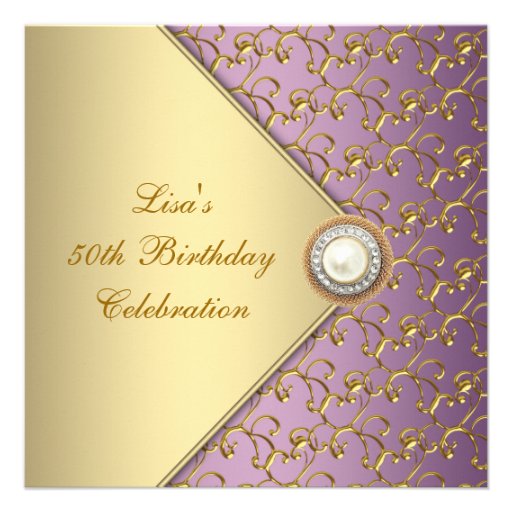 Elegant Purple and Gold Womans 50th Birthday Party Personalized Invites (front side)
