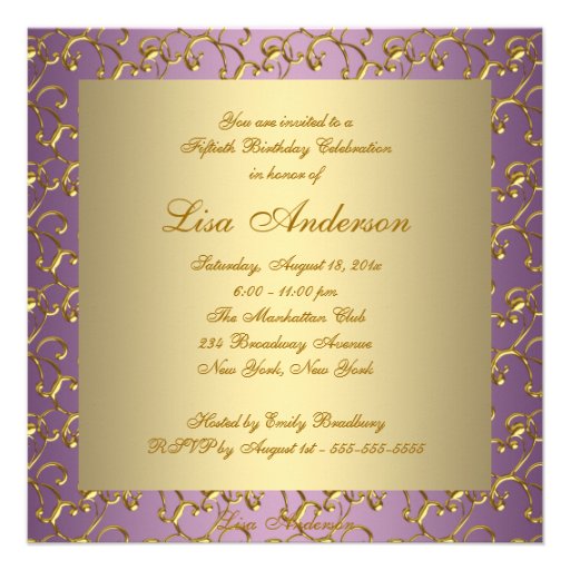 Elegant Purple and Gold Womans 50th Birthday Party Personalized Invites