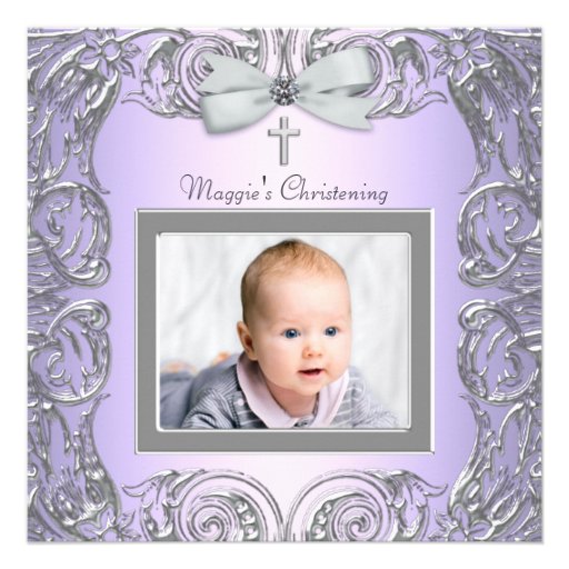 Elegant Purple and Gray Christening Invitations