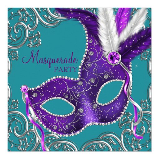 Elegant Purple and Turquoise Blue Masquerade Party Invite