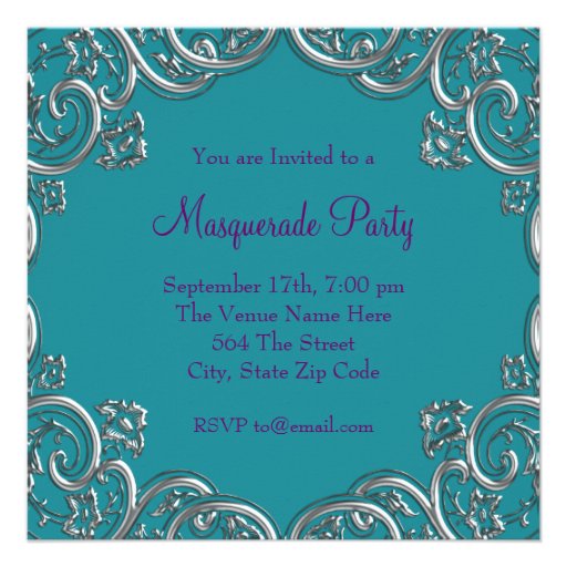 Elegant Purple and Turquoise Blue Masquerade Party Invite