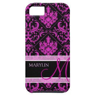 Elegant Purple & Black Damask with monogram iPhone 5 Cases