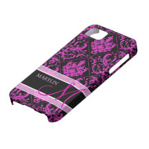 Elegant Purple & Black Damask with monogram iPhone 5 Cases