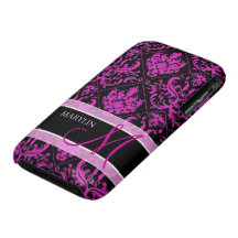 Elegant Purple & Black Damask with monogram iPhone 3 Cover