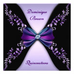 Elegant Purple Black Diamond Bow Quinceanera Invite