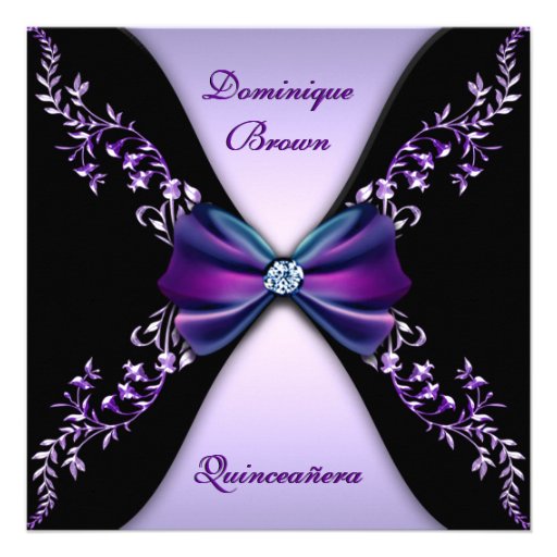 Elegant Purple Black Diamond Bow Quinceanera Invite (front side)