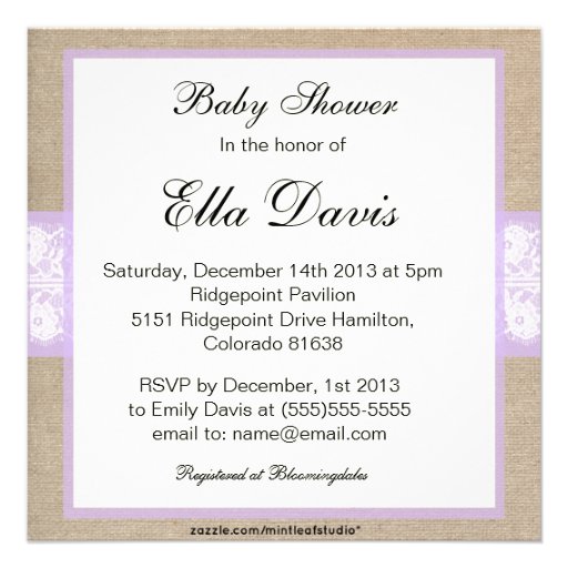 Elegant Purple Burlap Lace Baby Shower Invitation