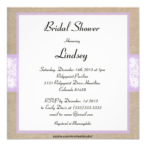 Elegant Purple Burlap Lace Bridal Shower Invite