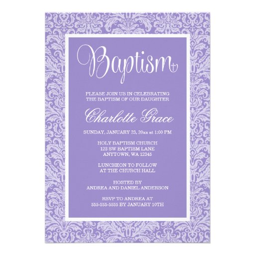 Elegant Purple Damask Girl Baptism Christening Personalized Invitation